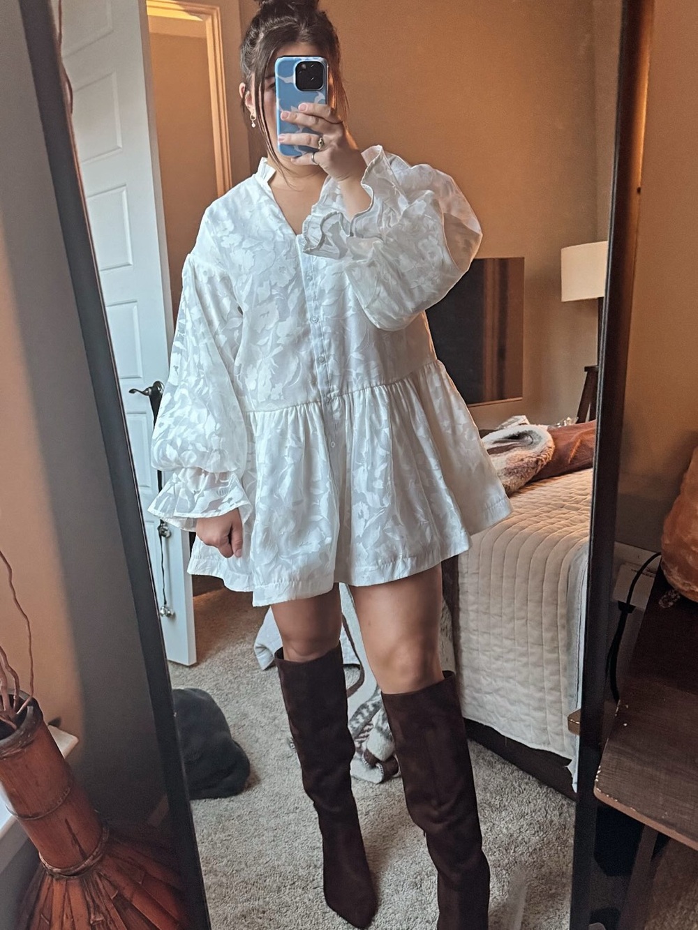 White Floral Jacquard Long-Sleeve Dress
